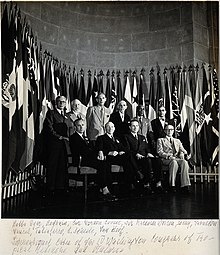 photo en noir et blanc montrant les dix membres du comté scientifique du congrès sur deux rangs, devant un rang assis de quatre hommes et au second plan un rang debout de six hommes, au fond en demi cercle les drapeaux des nations participantes au congrès