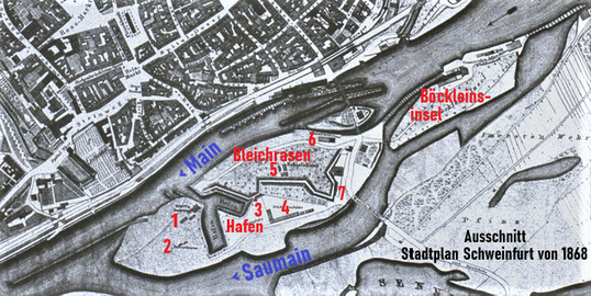 Katasterplan von 1868 mit Hafen 1 Werft; 2 Pulvertürme; 3 Turnplatz; 4 Städt. Bauhütte; 5 Schießhaus; 6 Schleuse; 7 Schanze