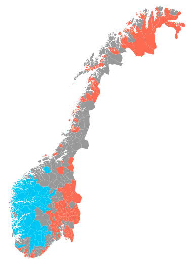 The two Norwegian languages. West Norwegian ("Nynorsk") in blue.