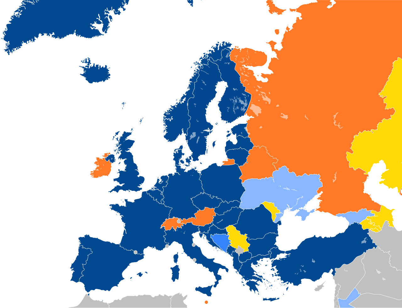 Map of NATO affiliations in Europe