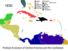 The Federal Republic of Central America (1823-1838) with its capital in Guatemala City Political Evolution of Central America and the Caribbean 1830 na.png