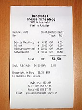 A receipt from a Swiss restaurant, which includes a list of purchased items, along with prices in two currencies and a 7.6% tax levied. Also included are contact and tax information about the business. ReceiptSwiss.jpg