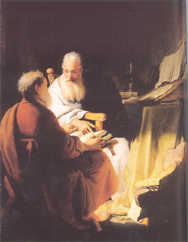  Rembrandt's Two old men disputing, 1628. This painting has been thought to depict Peter and Paul.[12] dans immagini sacre 640px-Rembrandt_van_Rijn_185