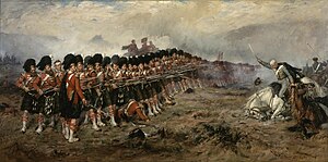 The Thin Red Line, Gemälde von Robert Gibb, von 1881, zeigt die 93rd Sutherland Highlanders im Kampf gegen russische Kavallerie bei Balaklawa