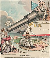 Political cartoon depicting Theodore Roosevelt using the Monroe Doctrine to keep European powers out of the Dominican Republic Roosevelt monroe Doctrine cartoon.jpg