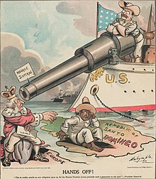 1906 political cartoon depicting Theodore Roosevelt using the Monroe Doctrine to keep European powers out of the Dominican Republic Roosevelt monroe Doctrine cartoon.jpg