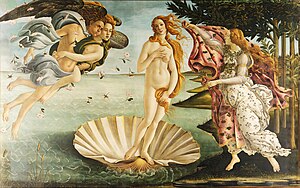 The Birth of Venus (1486, Uffizi) is a classic representation of femininity painted by Sandro Botticelli. Venus was a Roman goddess principally associated with love, beauty and fertility. Sandro Botticelli - La nascita di Venere - Google Art Project - edited.jpg