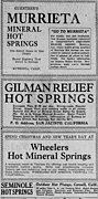 Stack of ads for SoCal spring resorts in the Los Angeles Evening Express, 1926: Guenther's Murrieta Mineral Hot Springs, Gilman Relief Hot Springs, Wheelers Hot Mineral Springs, and Seminole Hot Springs