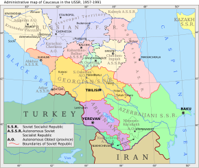 Mapa Kavkazu včetně Čečensko-ingušské ASSR