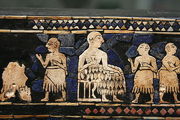 Detalle de la escena del banquete en el Estandarte de Ur (c. 2600 a. C.)