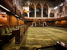 House of Commons Chamber after desks were removed for renovations, December 2018. Stripped House of Commons, December 2018.jpg