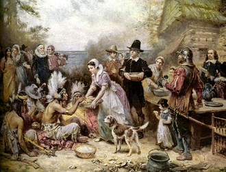 Le Premier thanksgiving, peinture de Jean-Louis Gérome Ferris (1863-1930). (définition réelle 900 × 688*)