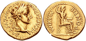 Roman aureus depicting Tiberius, with Livia as Pax shown on the reverse. Struck in AD 36.