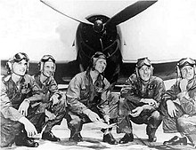 The first Navy "Blue Angels" Flight Demonstration Squadron (1946-1947), assembled in front of one of their Grumman F6F Hellcats (l to r): Lt. Al Taddeo, Solo; Lt. (J.G.) Gale Stouse, Spare; Lt. Cdr. R.M. "Butch" Voris, Flight Leader; Lt. Maurice "Wick" Wickendoll, Right Wing; Lt. Mel Cassidy, Left Wing Voris and 1st Blue Angel team 1946.jpg