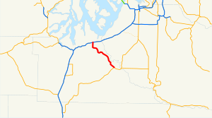 A map of the Olympia area featuring SR 510 highlighted in red following the Pierce–Thurston county line (the Nisqually River) from Lacey (I-5) to Yelm (SR 507).