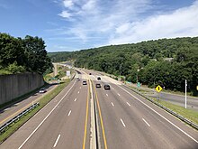 I-68/US 40 at its southwestern junction with US 220 in Cumberland 2019-07-14 10 23 18 View west along Interstate 68 and U.S. Route 40 (National Freeway) at its interchange with U.S. Route 220 from the overpass for Fletcher Drive in Cumberland, Allegany County, Maryland.jpg