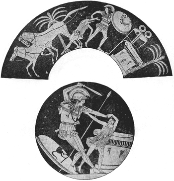 two images from a bowl. The outside strip shows an armoured man dragging a boy towards an altar. Behind them two horses run away. In the inner illustration, they are at the altar. The man has his sword raised ready to swing. He holds by the hair the boy who is struggling to break free.