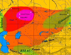 The Andronovo culture's approximate maximal extent, with the formative Sintashta-Petrovka culture (red), the location of the earliest spoke-wheeled chariot finds (purple), and the adjacent and overlapping Afanasevo, Srubna, and BMAC cultures (green). Andronovo culture.png