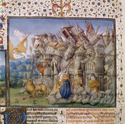 نقش خشبي من القرن الخامس عشر، يصور سقوط بَابِل.