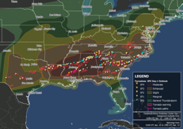 Map plotting locations of tornado touchdowns and tornado warning polygons across the Southeastern United States