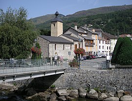 View towards the town and the Camp de Gramou bridge over the Ariège