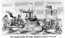 A Northern cartoonist ridicules the Union's initial attempts to blockade ports of the Confederacy in the American Civil War Blockade connecticut plan civil war cartoon.jpg