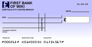Cheque sample for a fictional bank in the Unit...