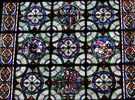 Canterbury Cathedral 091 window with ancient rondels incl Death of Becket