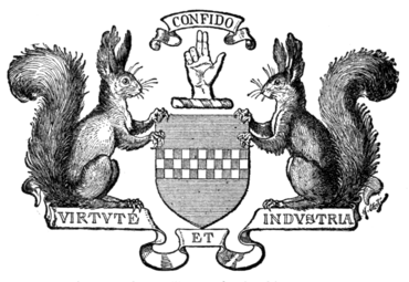 Fig. 668.—The Arms used by Kilmarnock, Ayrshire: Azure, a fess chequy gules and argent. Crest: a dexter hand raised in benediction. Supporters: on either side a squirrel sejant proper.