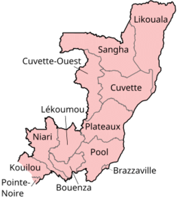 Map of the Republic of the Congo exhibiting its 12 departments Congo regions named.png