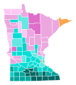 Vainqueur démocrate par comté : Walz en bleu-vert, Murphy en orange, et Swanson en rose.