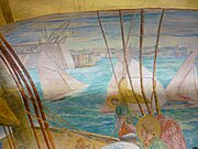 detailní pohled na část nástěnné malby zobrazující jižní konec Harbour Bridge ve výstavbě
