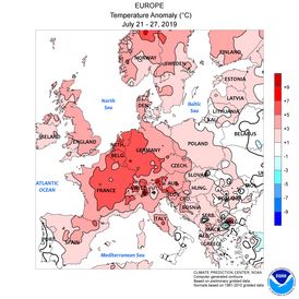 Температурные показатели 21 — 27 июля 2019 года во время аномальной жары в Европе