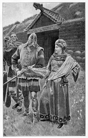 Helgi Harðbeinsson wipes the spear he has just killed her husband with on Gudrun's shawl (Wikimedia Commons)