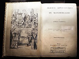 Opening pages of Alice's Adventures in Wonderland, Macmillan Publishers, London Lewis carroll, alice's adventures in wonderland, macmillian & co. londra 1884 (gabinetto vieusseux).JPG