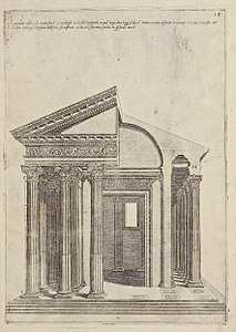 Dessin de la façade d'un temple antique à demi-écorché.