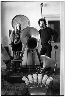 Moniek Darge and Godfried-Willem Raes, founders of the Logos Foundation, with a few of their instruments in 1983.