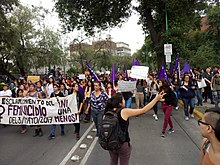 March against femicide at UNAM in 2017. The coloniality of gender has been used to explain how modern femicide is tied to the European colonization of the Americas. Marcha en la -UNAM contra -feminicidio de -Lesby.jpg