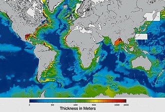 Total sediment thickness of the world's oceans and continental margins in meters. Marine sediment thickness (cropped).jpg