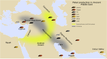 The mining areas of the ancient Middle East with arsenic (in brown), copper (in red), tin (in grey), iron (in reddish brown), gold (in yellow), silver (in white), lead (in black), arsenic bronze (in yellow), and tin (in bronze) Metal production in Ancient Middle East.svg