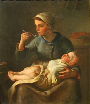 Jean-François Millet Donna che prepara il pasto del bambino