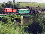 The mixed train on the first curved bridge near the Corvin Castle.(photo: Steve Thomason, 10 June 1998)