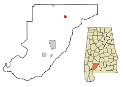 Location in Monroe County and the state of Alabama
