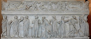 In Greek mythology, the nine Muses were the inspiration for many creative endeavors, including the arts, and eventually became closely aligned with music specifically. Muses sarcophagus Louvre MR880.jpg