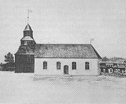 Okome gamla kyrka med prästgården år 1890