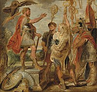 彼得·保罗·鲁本斯的《德西乌斯·穆斯向军团演说》（Decius Mus Addressing the Legions），84.7 × 84.7cm，约作于1617年，来自山缪·亨利·卡瑞斯的收藏。[36]