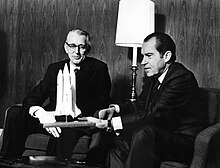 President Richard Nixon (right) with NASA Administrator James Fletcher in January 1972, three months before Congress approved funding for the Shuttle program President Nixon and James Fletcher Discuss the Space Shuttle - GPN-2002-000109.jpg