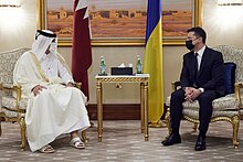 President of Ukraine Volodymyr Zelenskyy and Emir of Qatar Tamim bin Hamad Al Thani meet in Qatar, 5 April 2021.jpg