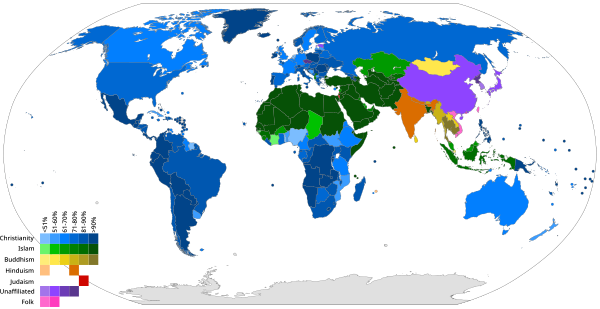 A map showing the prevailing religious population by country based on the Pew Research Center's 2010 baseline estimates. Prevailing religious population by country percentage.svg