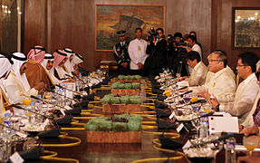 A bilateral meeting between the delegations of President Aquino and the visiting Emir Hamad bin Khalifa Al Thani of Qatar at the Malacañang Palace in Manila, August 10, 2012